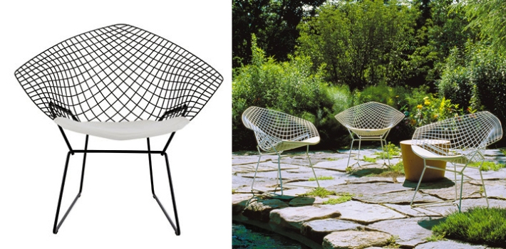 The Diamond series is constructed from steel rods with either a chrome or coated finish. Florence Knoll suggested the use of a metal coating on the wire rods after observing her kitchen dish rack drainer. (Images from the Diamond series, credit: Knoll International.)