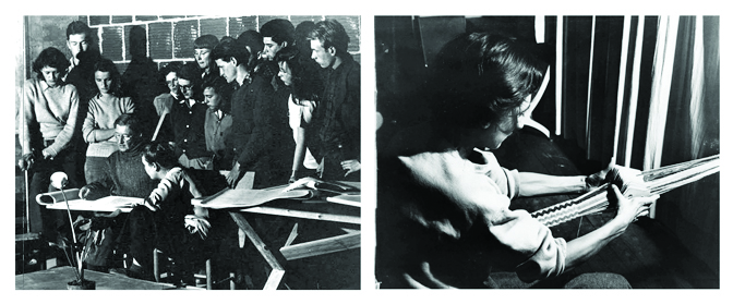 Joseph Albers teaching a drawing class, Annie Albers weaving. Photos from Western Regional Archives.