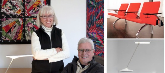 Katherine and Michael McCoy in 2015. Textile wall hangings of reclaimed fabrics are by Katherine. (right) Michael’s Place Seating by Arconas (with Curtis Fentress). His Horizon Lamp by Humanscale (with Peter Stathis) has recently been included in the permanent collection of the Museum of Modern Art.